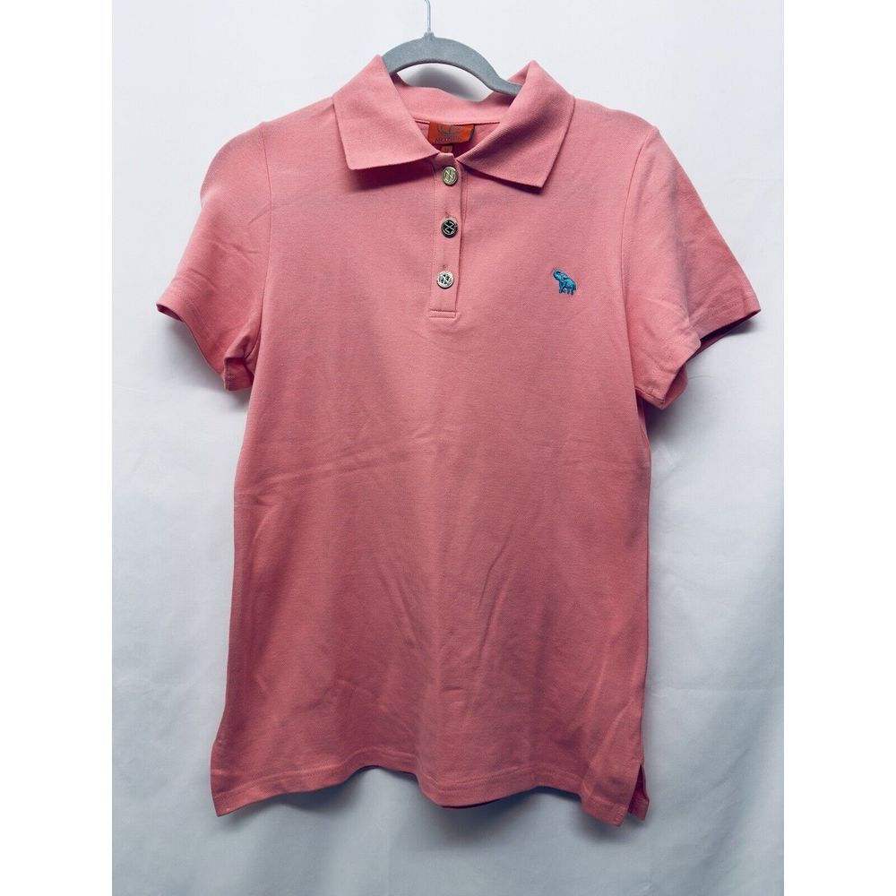 Tracy Negoshian Joyce Neon Pink Polo Shirt Size M Logo Gold Buttons‎ Preppy Top